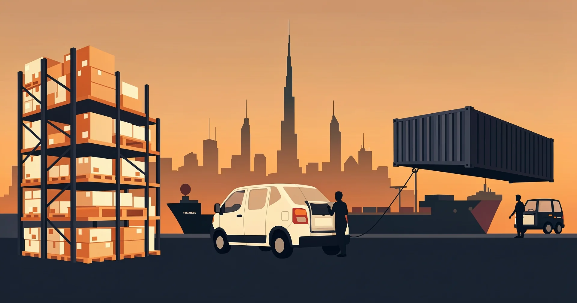 A tall warehouse rack of unmarked pallets, a delivery van at a residential curb, and a freight container craned onto a docked ship trace the mixed stages of UAE import logistics along the Gulf coast.