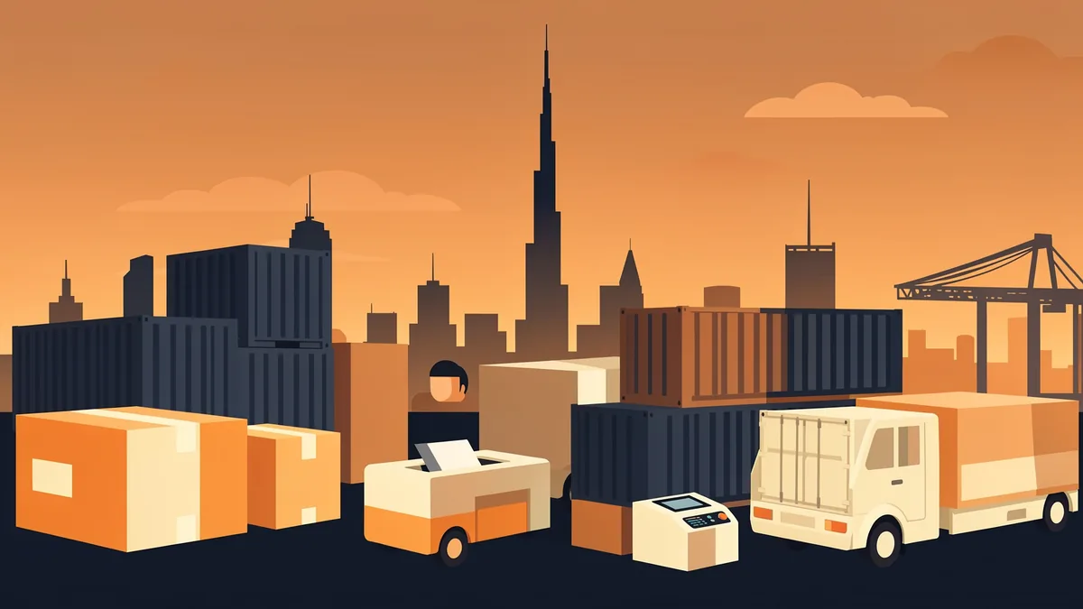 Editorial illustration of a UAE warehouse with goods on pallets, labelled for storage (التخزين), beside freight containers and a last-mile delivery van, showing the three logistics legs side by side
