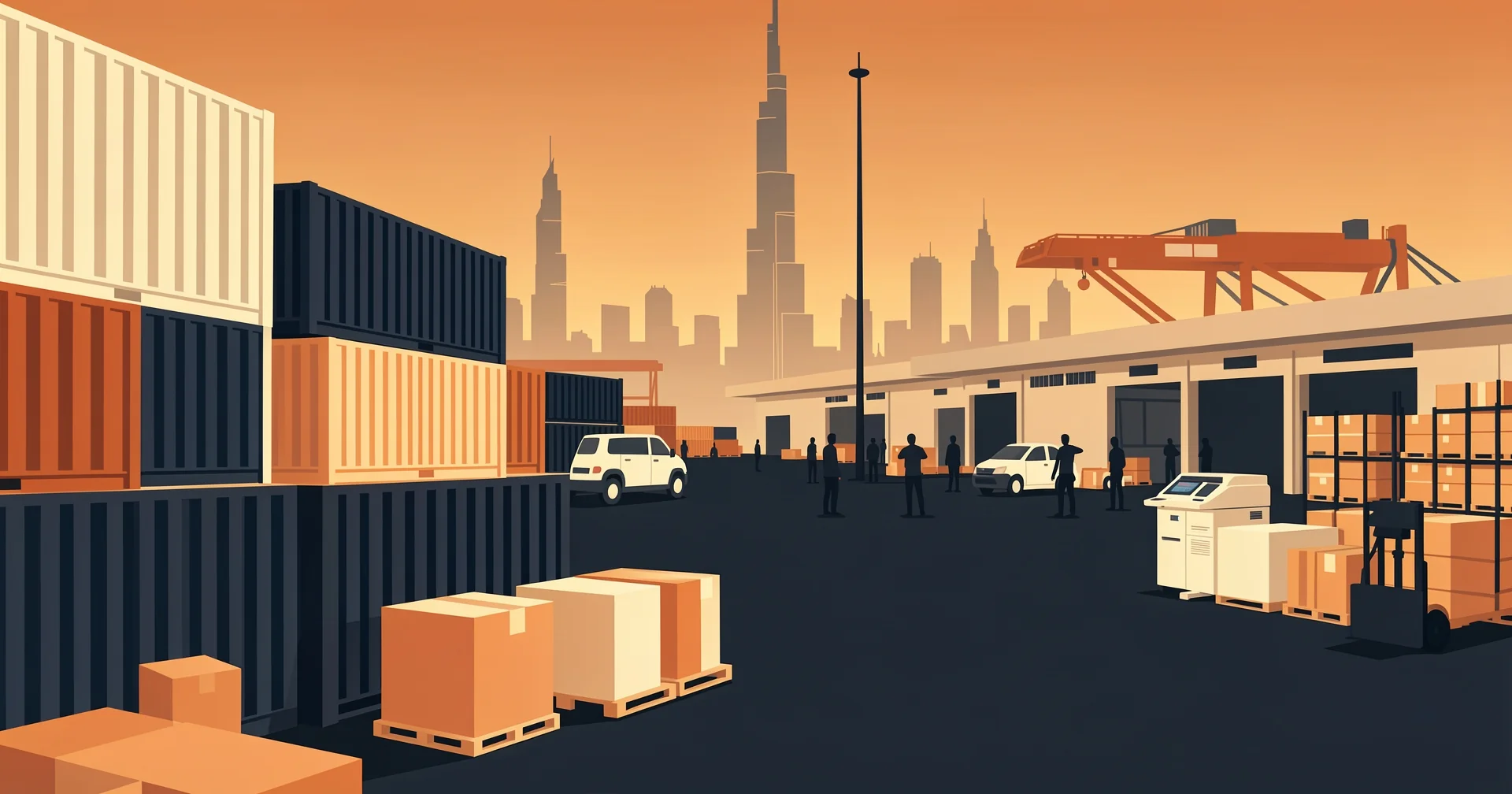 Logistics coordinator checks cargo manifests beside stacked shipping containers at a busy Dubai terminal as cranes move boxes past customs clearance inspection bays toward a free zone warehouse.