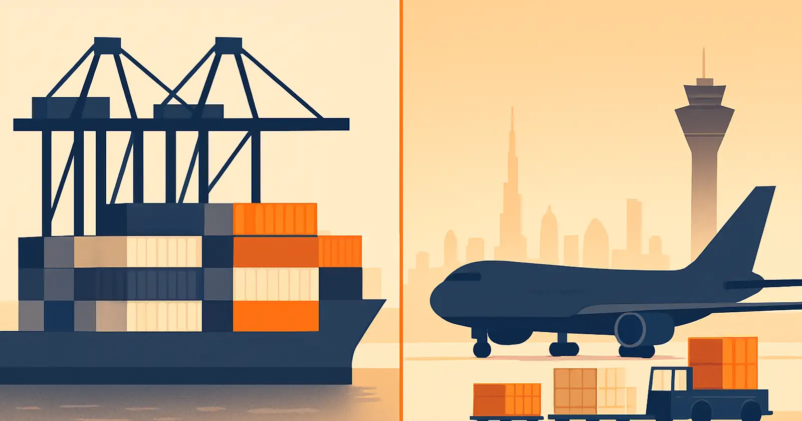 Split view of Jebel Ali Port container terminal and Al Maktoum airport cargo apron, representing JAFZA and Dubai South, brand orange accents