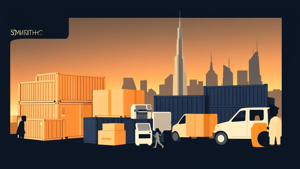 Containers and air cargo moving from China to Jebel Ali, then into marketplace fulfillment prep for an SMB ecommerce seller