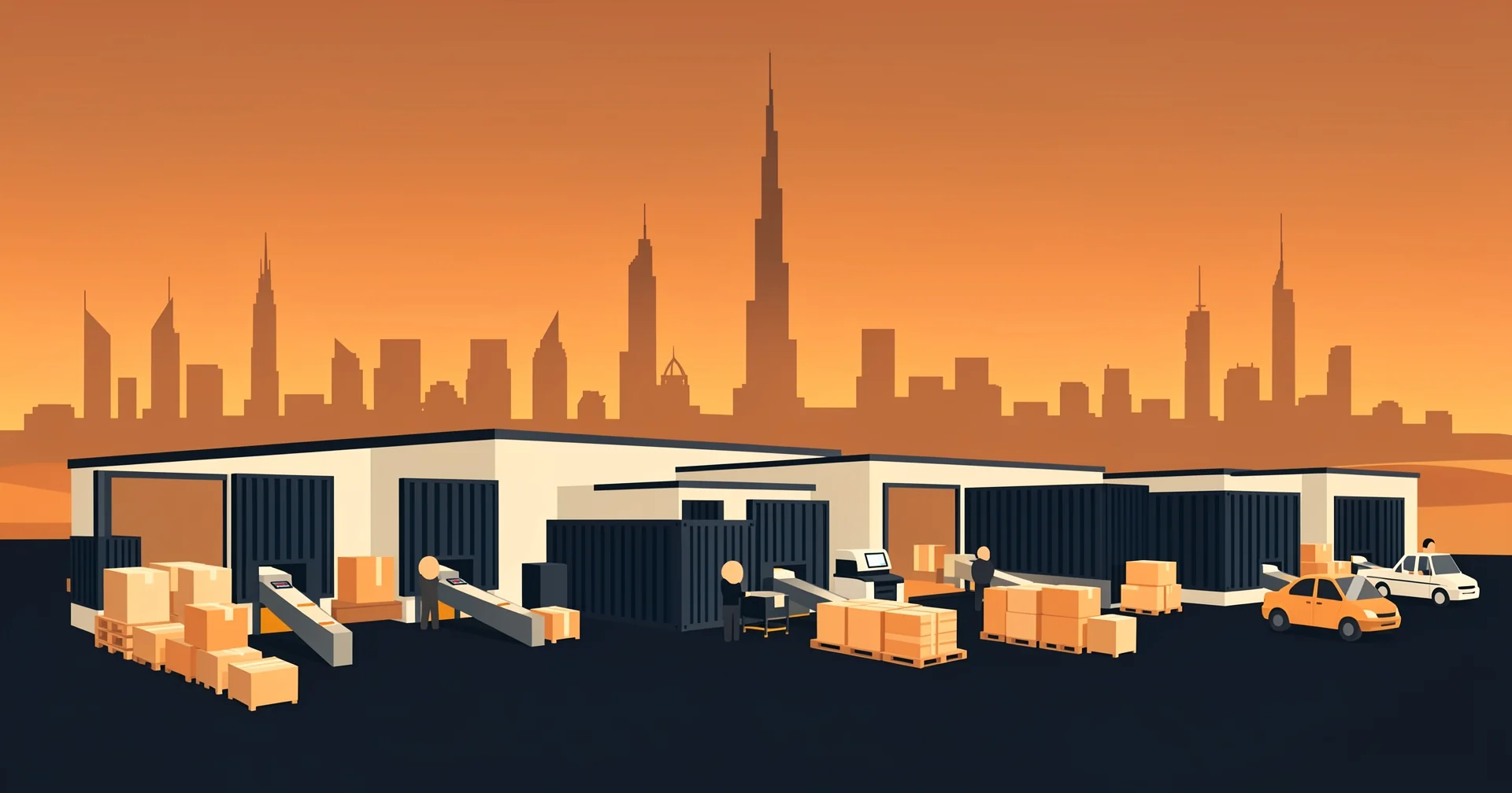Differently sized fulfillment warehouses line a Dubai logistics district, each fronted by loading docks, parcel conveyors, and stacked pallets, with skyline towers and desert beyond.
