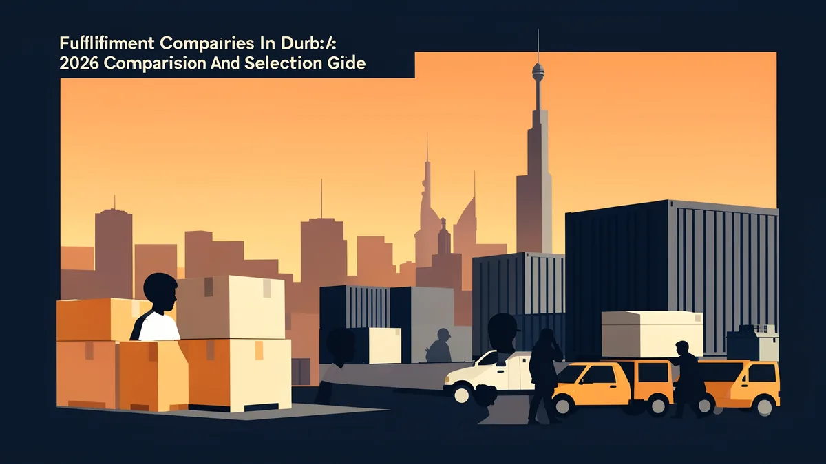 Editorial illustration of a Dubai ecommerce fulfillment warehouse showing inbound receiving, multi-SKU pick and pack shelves, and last-mile dispatch for marketplace orders