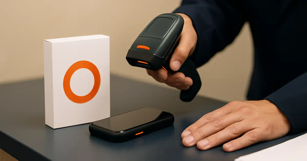 Consumer electronics being inspected on a Dubai customs counter, ECAS conformity labels visible on the packaging, brand orange accents on the inspection tools and labels