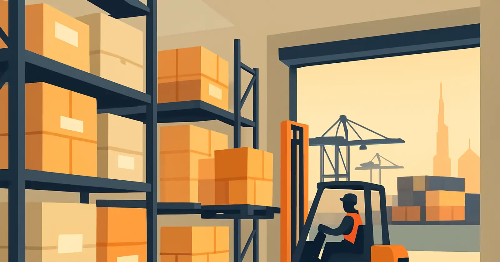 JAFZA warehouse interior near Jebel Ali Port, steel racking with stacked cartons and a forklift, brand orange accents