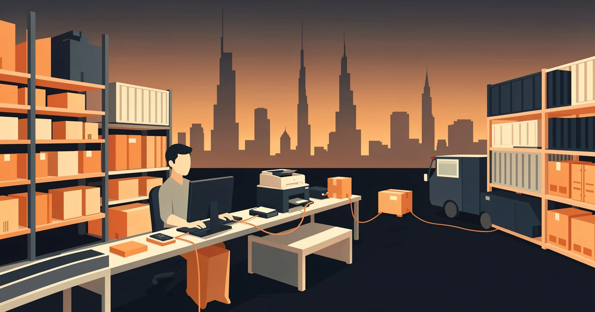 A small online seller at a tidy desk linked by glowing conduits to a UAE fulfillment warehouse, parcels and synced order data flowing between workstation and racking past conveyor lines.