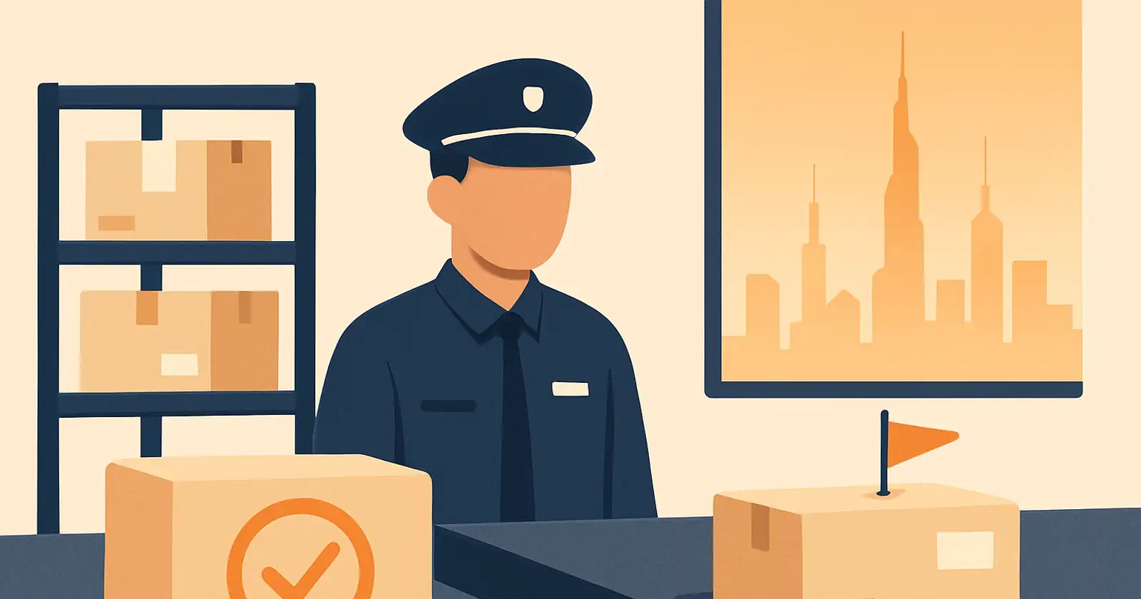 A Dubai customs counter with a divided allowed-and-restricted visual and an abstract approval stamp, brand orange accents on the stamp, no readable text