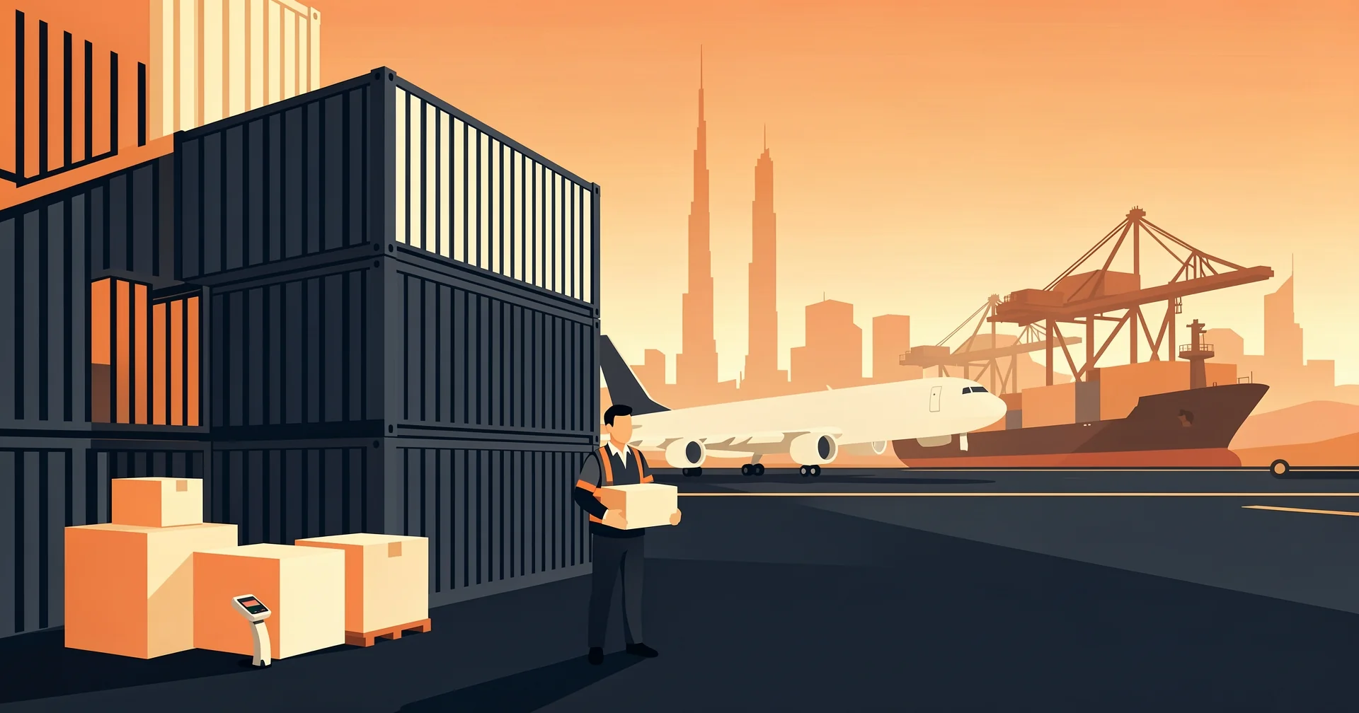A freight coordinator stands between towering shipping containers and a waiting cargo plane at a desert container port, weighing mixed sea and air freight routes.