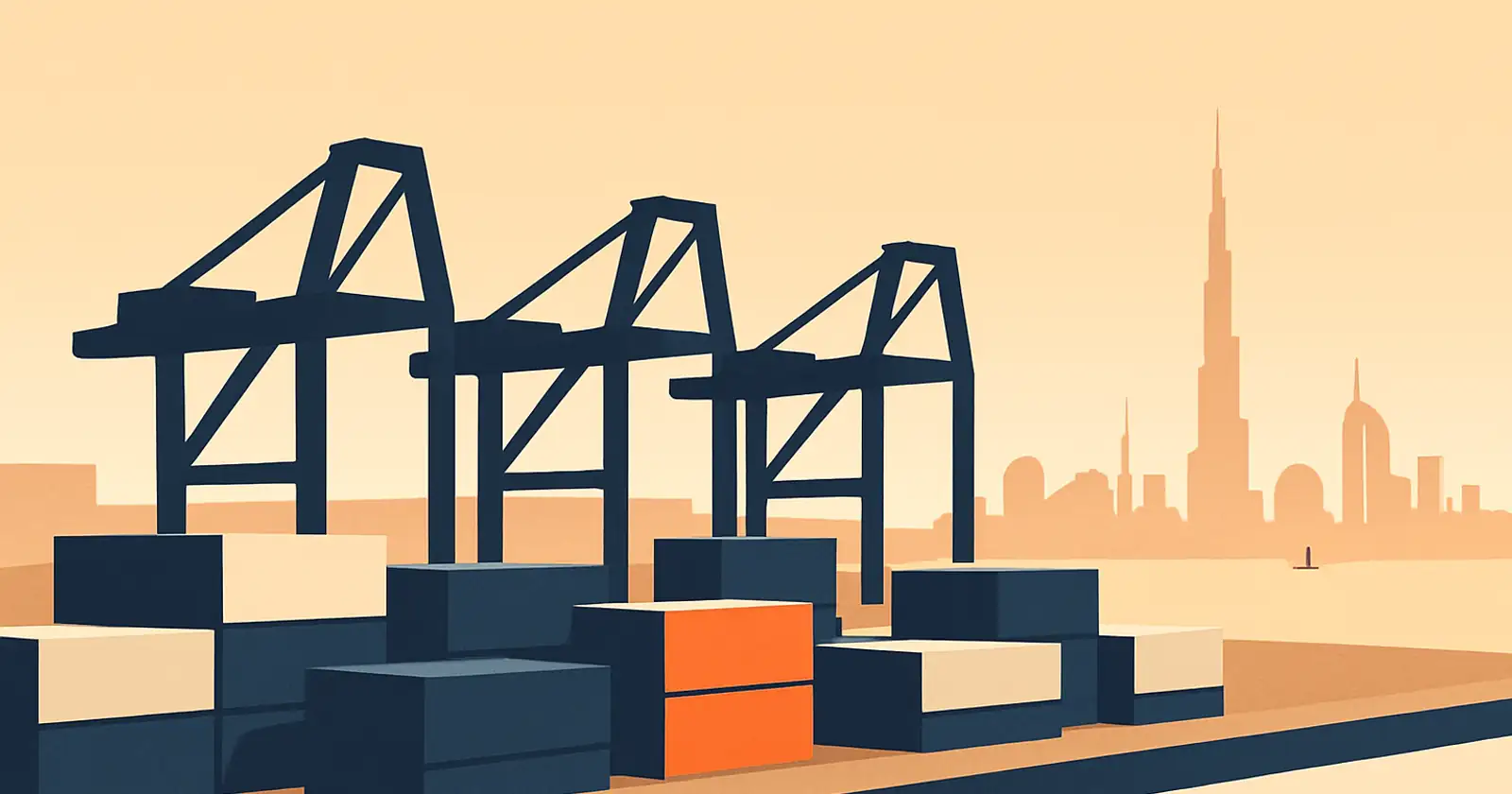 A Dubai container port at golden hour, gantry cranes over stacked navy and cream shipping containers with one orange-accent container, a Burj-style skyline on the horizon, brand orange accents