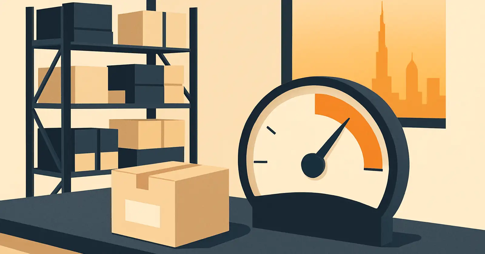 A low-value parcel on a customs counter beside an abstract value-threshold gauge in a Dubai warehouse, brand orange accents on the gauge