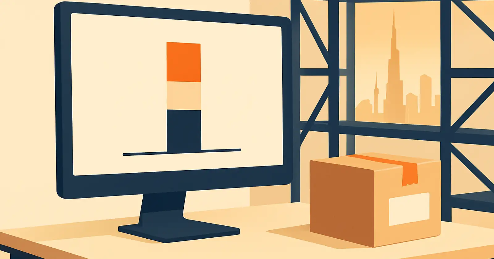 An abstract landed-cost breakdown on a screen showing CIF, duty, and VAT as stacked bars with no readable figures, brand orange accents on the VAT bar