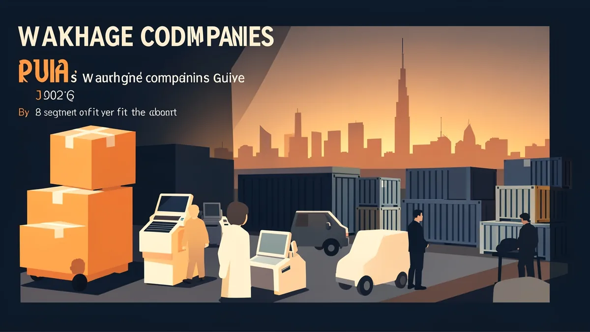 Editorial illustration of a Dubai fulfillment warehouse showing inbound freight receiving, per cbm storage racks, and multi-marketplace pick and pack stations under one roof