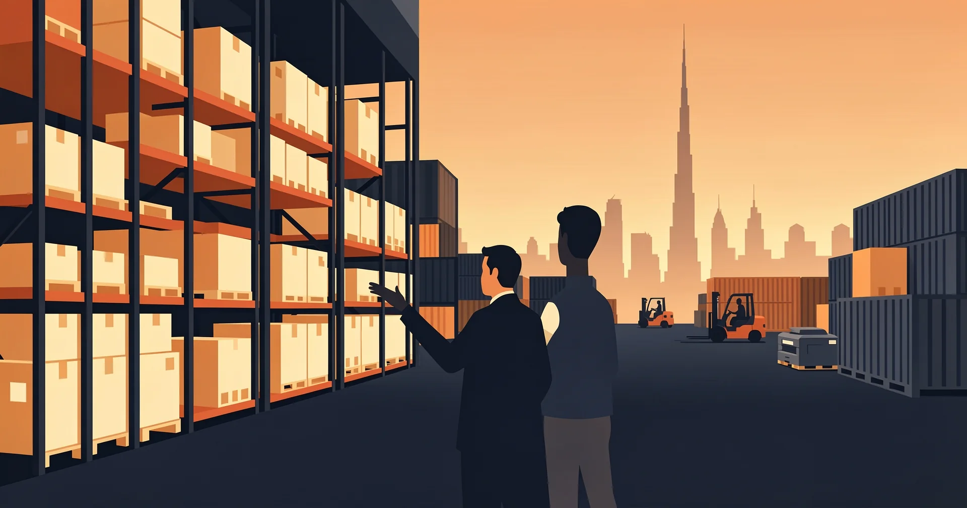 A buyer stands with their back to us, gesturing toward towering pallet racking inside a vast Dubai free zone warehouse where forklifts and loading docks recede into the distance.