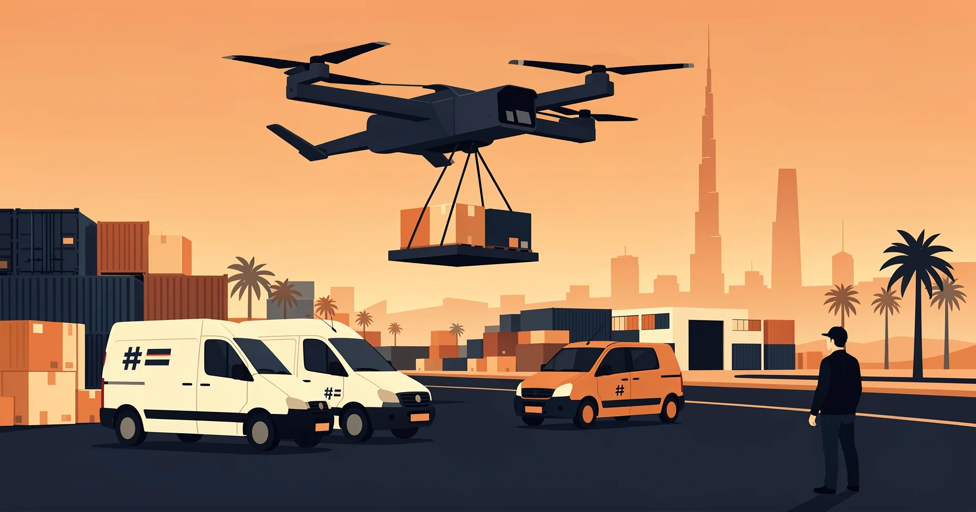 A heavy-lift cargo drone lifts a slung freight pod over a Gulf free-zone yard where two unbranded vans idle and a lone operator weighs the same fulfillment-tech bet his rivals just made.