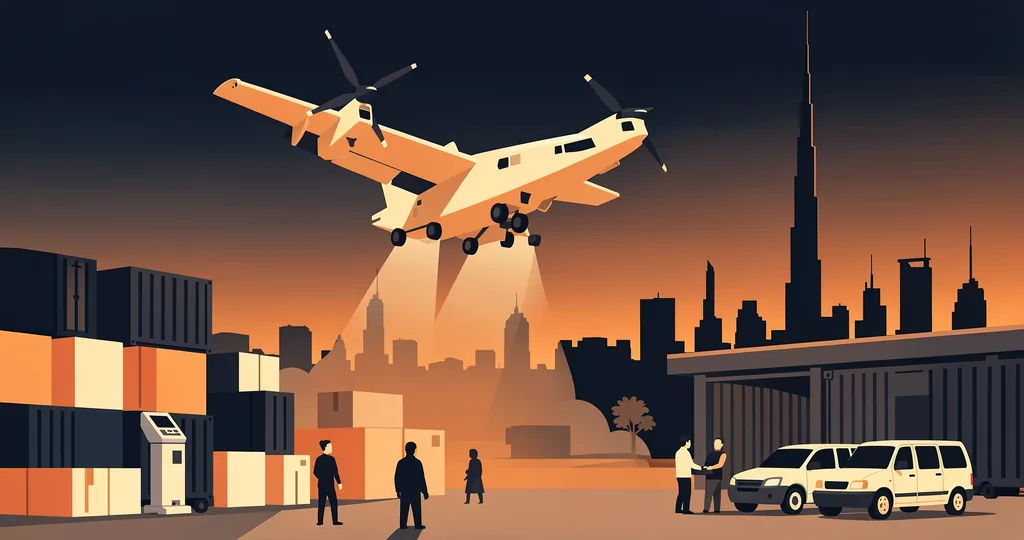 Hybrid VTOL cargo drone lifting off vertically from a UAE logistics yard at dusk