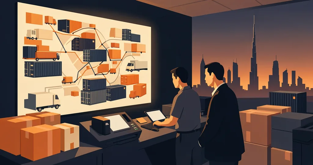 Operators studying a route map in a 3PL logistics control room at night