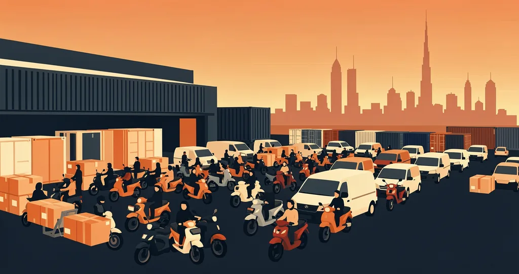 Last-mile delivery fleet staged outside a Gulf fulfillment warehouse at evening