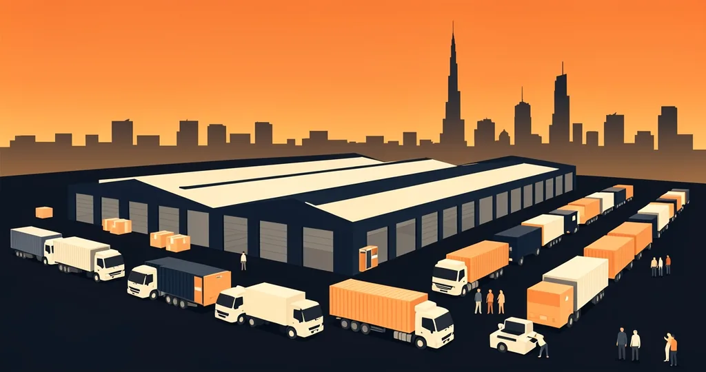 A Dubai free zone logistics hub at sunset showing warehousing and container yards