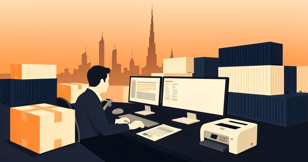 A logistics analyst reviewing freight invoices and pricing spreadsheets at a Dubai office