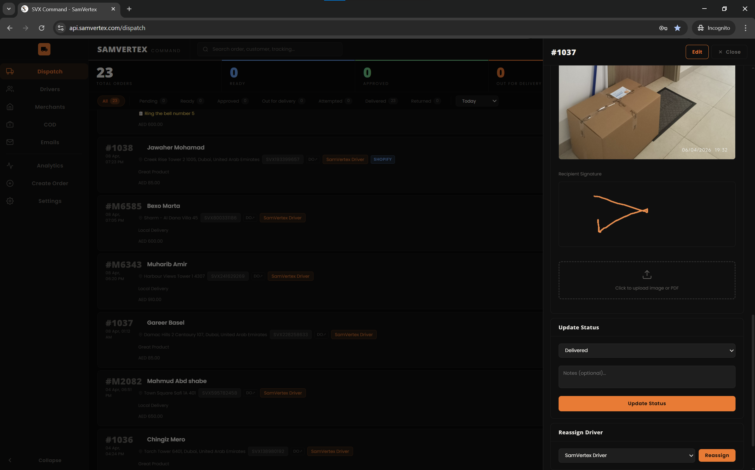 SVX Command COD management view showing collection entries, payouts, and a running balance per merchant