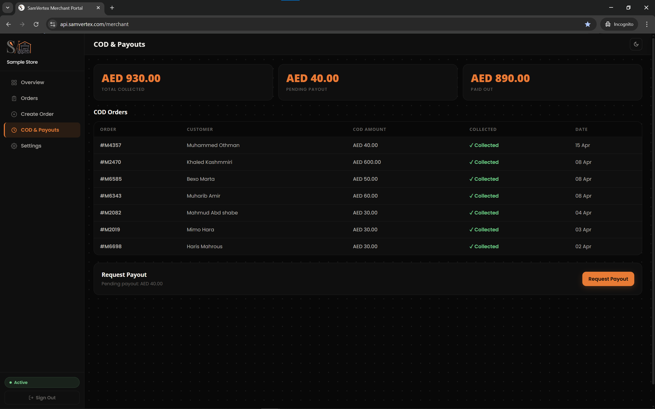 SVX Command dispatcher interface showing a table of orders with assigned drivers, status, and COD values