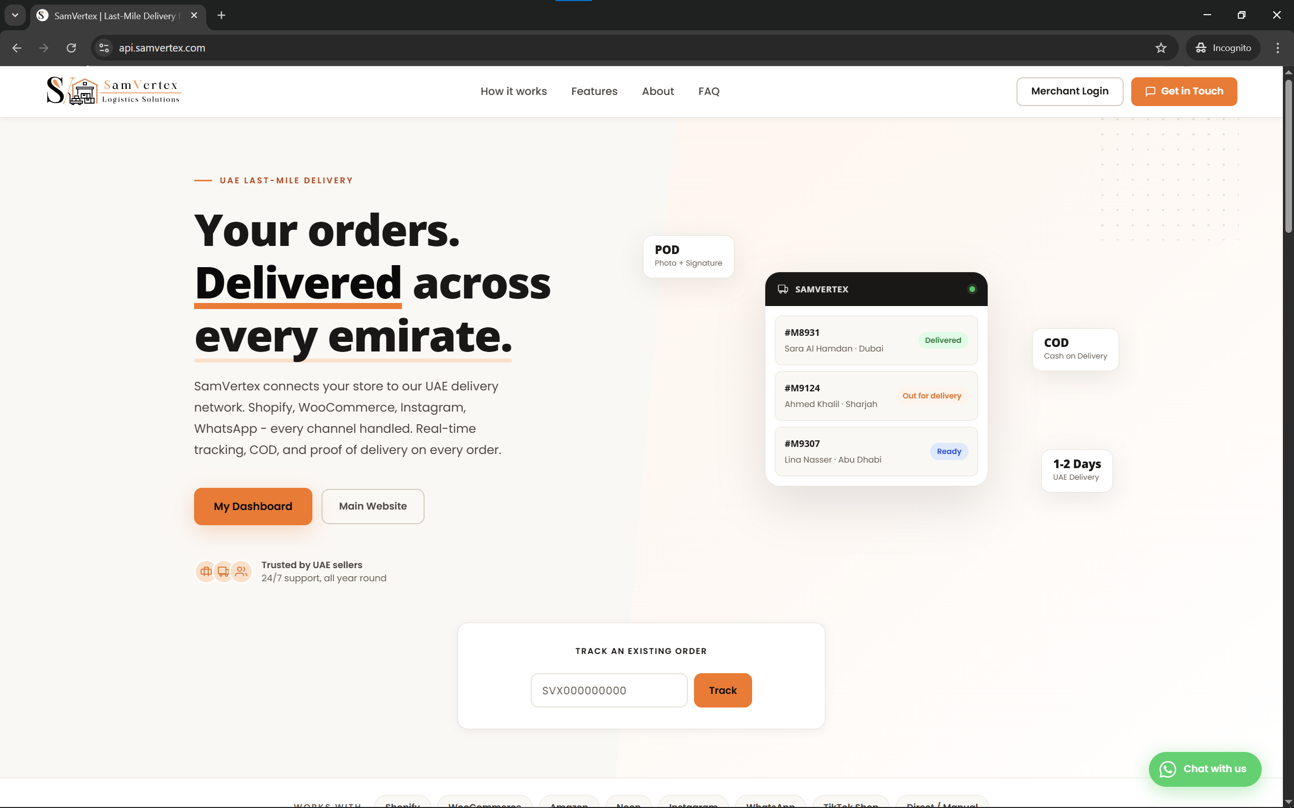 SamVertex merchant portal overview with order counters, status breakdowns, recent orders table, and COD summary